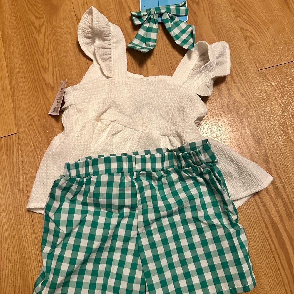 White and Green Gingham Outfit Set draper james brand new